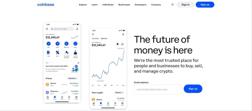 Home page of the coinbase website