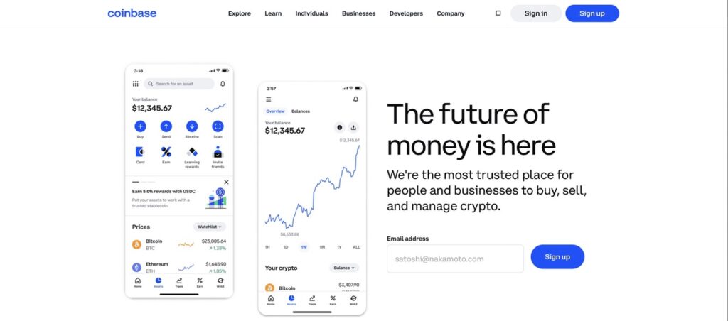 Home page of the coinbase website