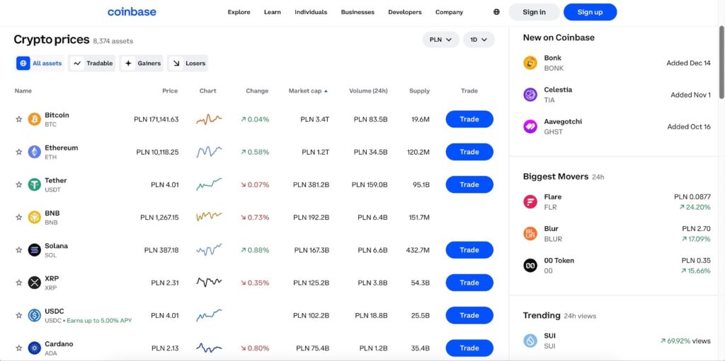 Coinbase page for buying cryptocurrency
