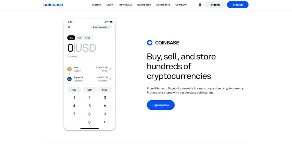 Coinbase website page for purchasing cryptocurrency