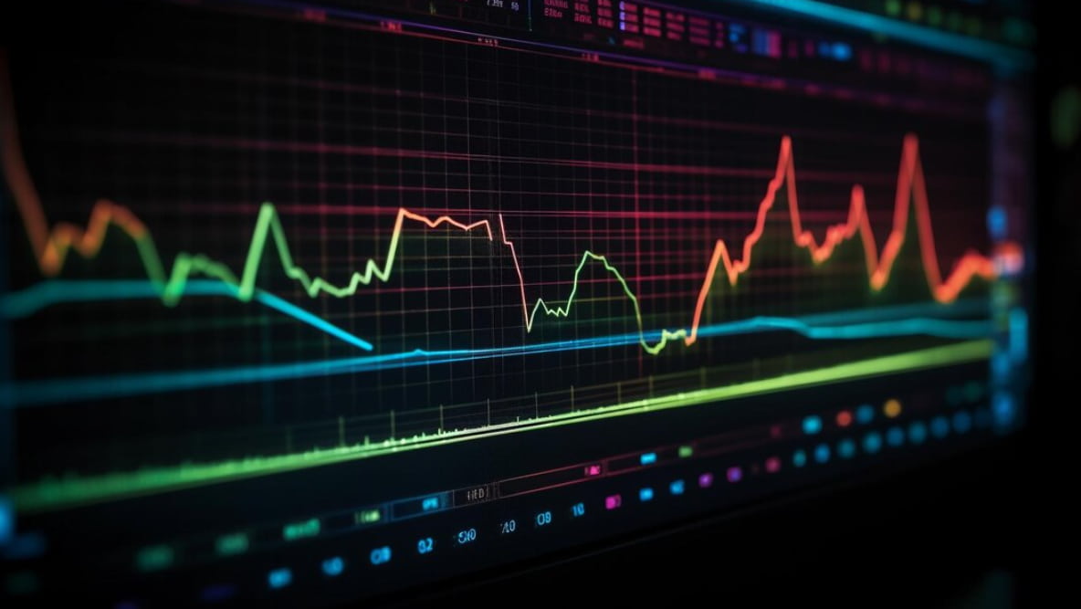 a trading graph of green and red colors on the black screen