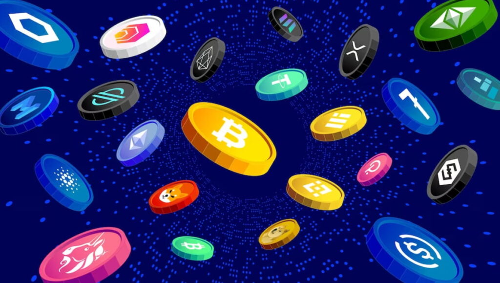 colorful coins of cryptocurrencies depicted on blue dotted font