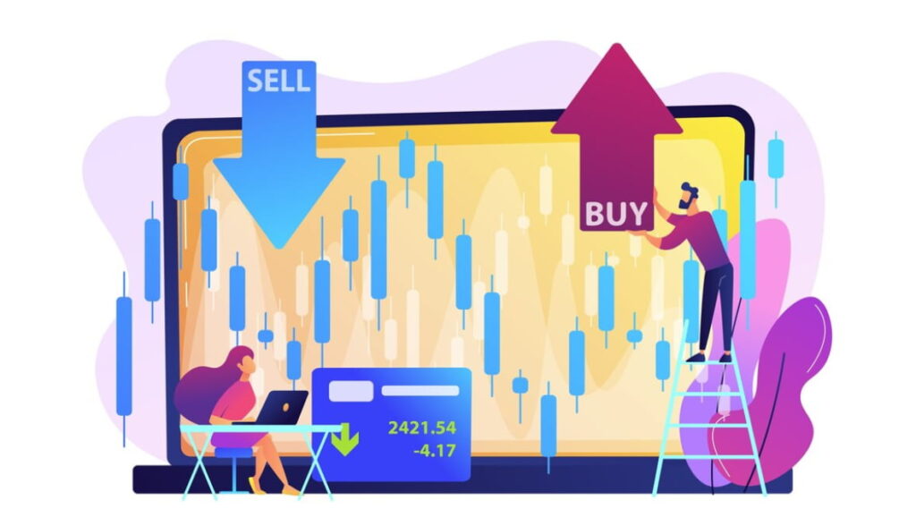 Illustration of people analyzing financial markets on a large computer screen