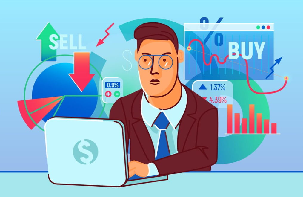 Cartoon of a businessman with charts showing market trends on computer