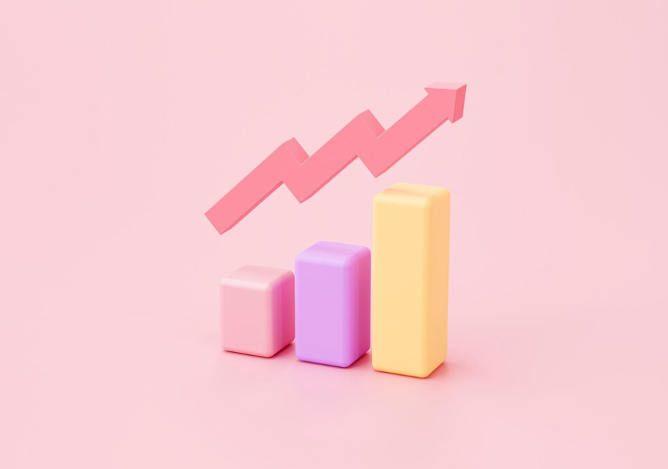 A pink background with three-dimensional bars and a rising arrow indicating growth