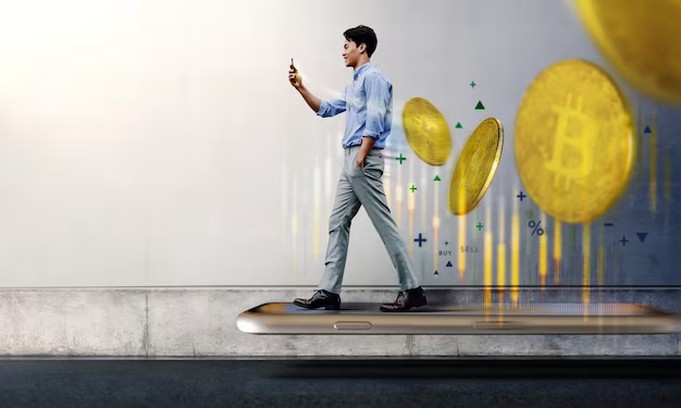 Smiling man walking on a mobile phone, cryptocurrency nearby