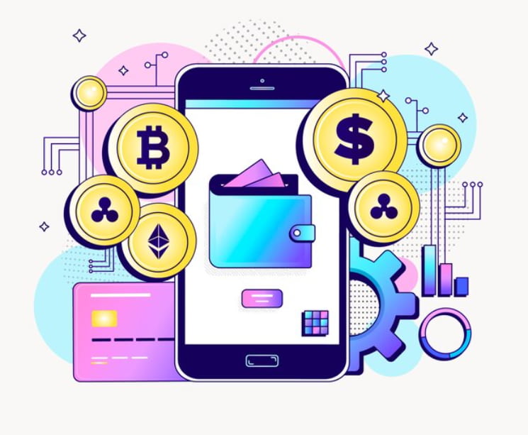 a phone with a wallet on  it surrounded by crypto coins and cards