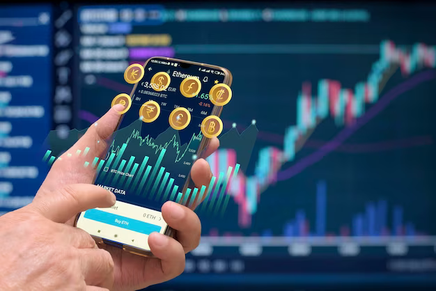 Hand holding smartphone with virtual cryptocurrency buying market