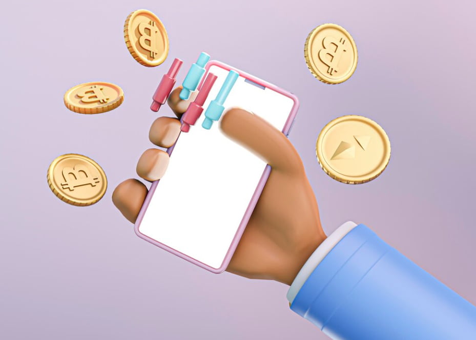 A cartoon hand holding a phone with crypto coins floating around