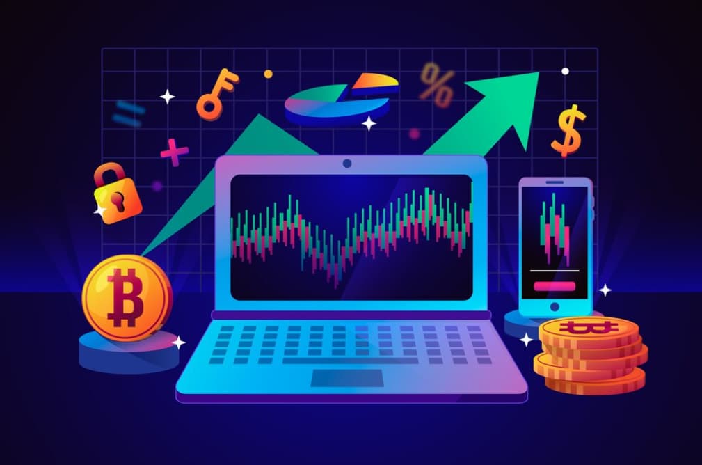 Illustration of a laptop and mobile with Bitcoin and financial icons