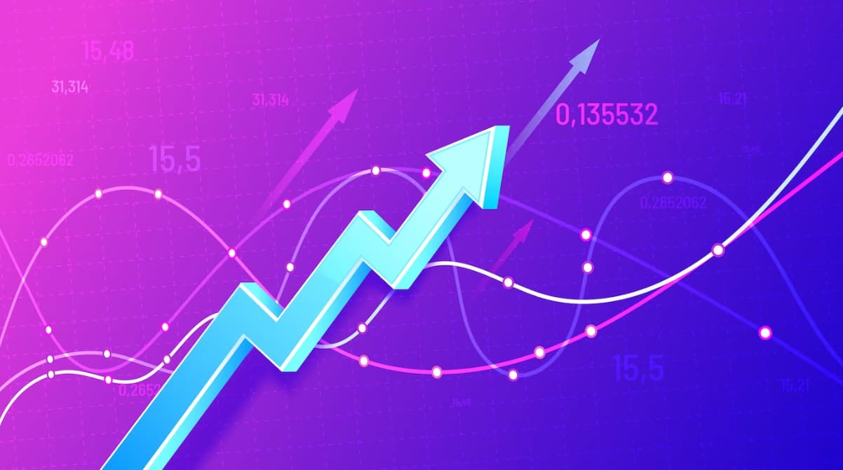 Abstract financial chart with arrows and dots on a purple background