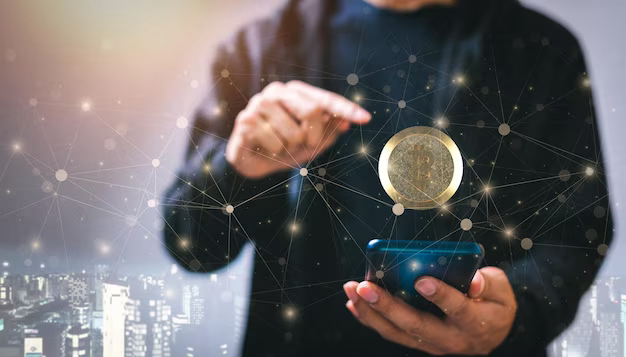 Man holding smartphone with virtual cryptocurrency coin