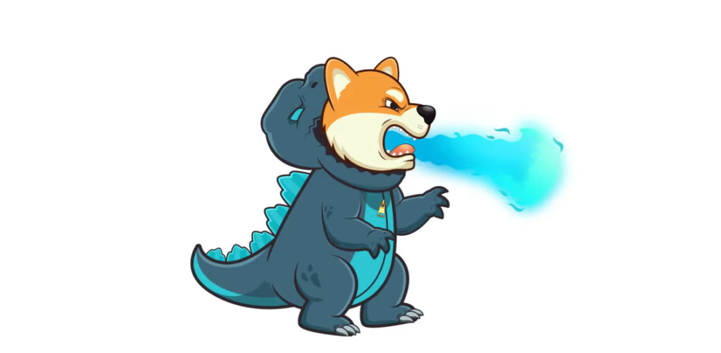 a dog in a godzilla suit breathes with flame on a white background